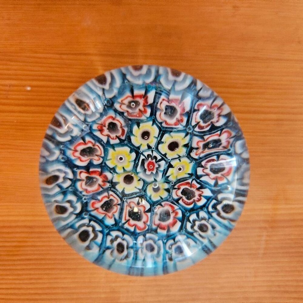 Multicolor Millefiori Glass Paperweight with Blue and Yellow Floral Pattern